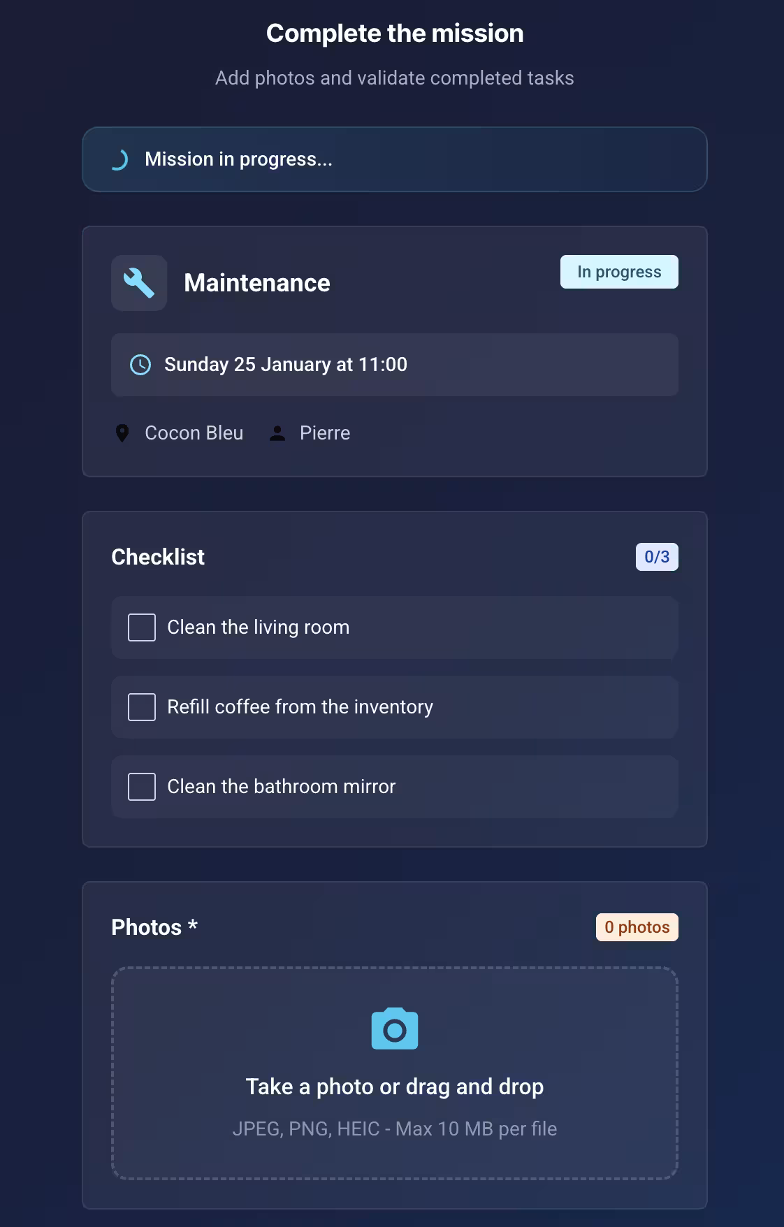 Formular zum Abschluss einer Aufgabe für das Reinigungsteam