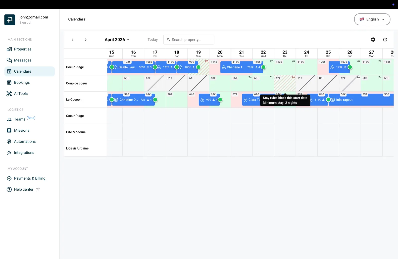 Kalender met een tooltip bij een beperkte datum die de eis van een minimaal verblijf van 2 nachten uitlegt