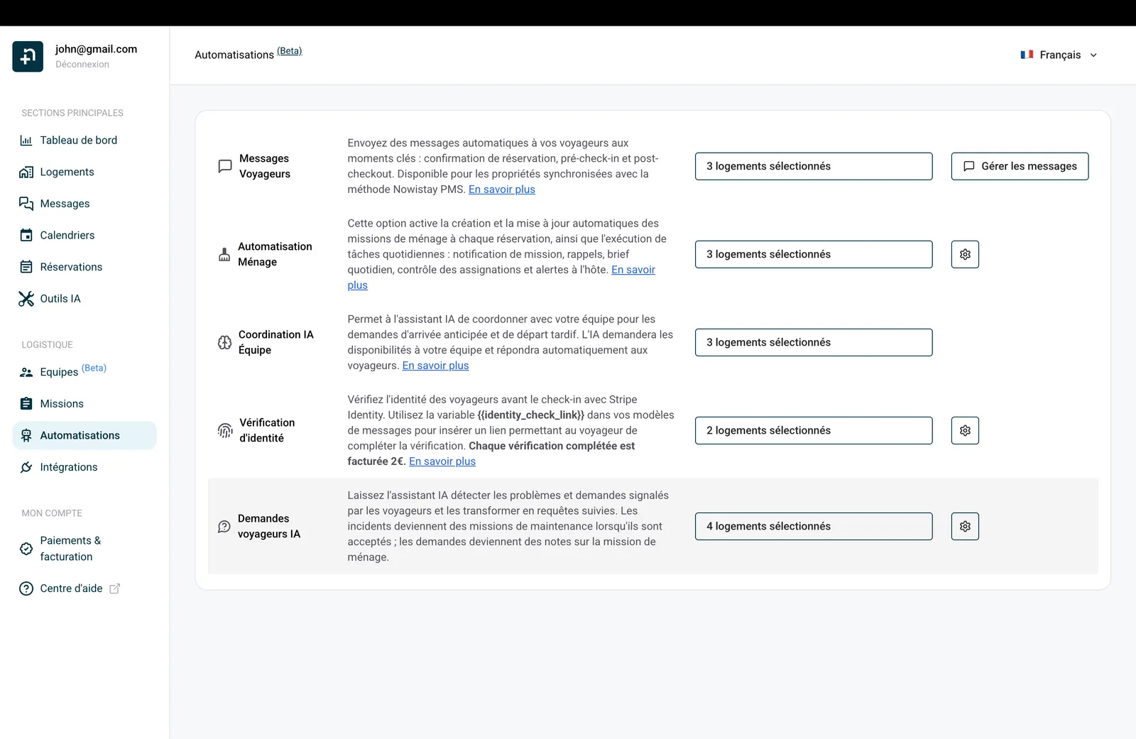 La page Automatisations de Nowistay avec la carte Demandes voyageurs IA à côté de la Coordination IA Équipe et des autres automatisations.