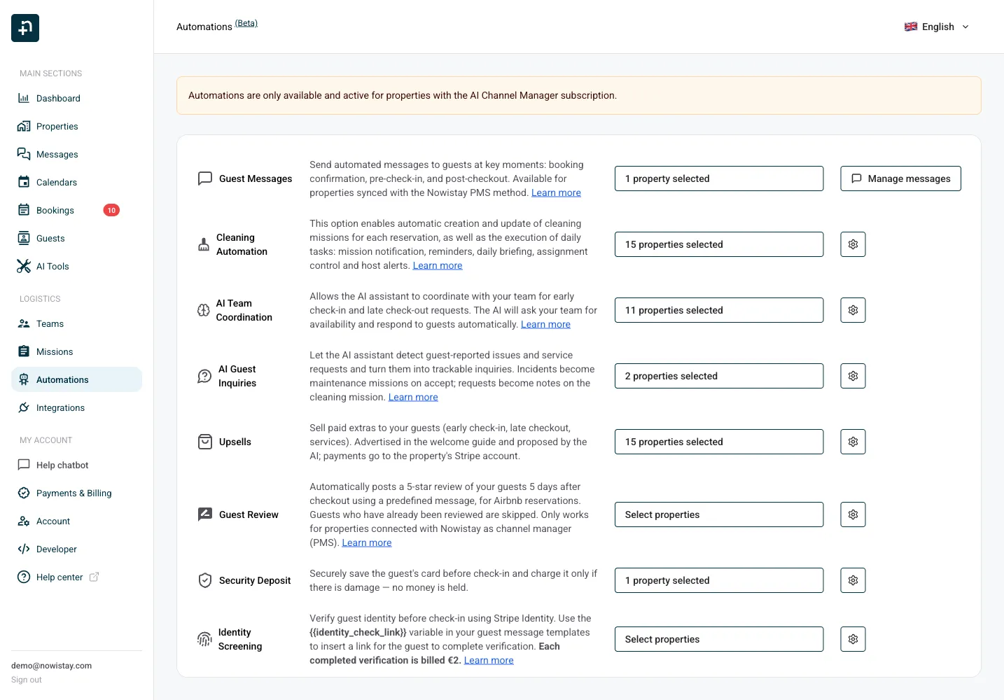 La riga Upsell nella pagina Automazioni di Nowistay