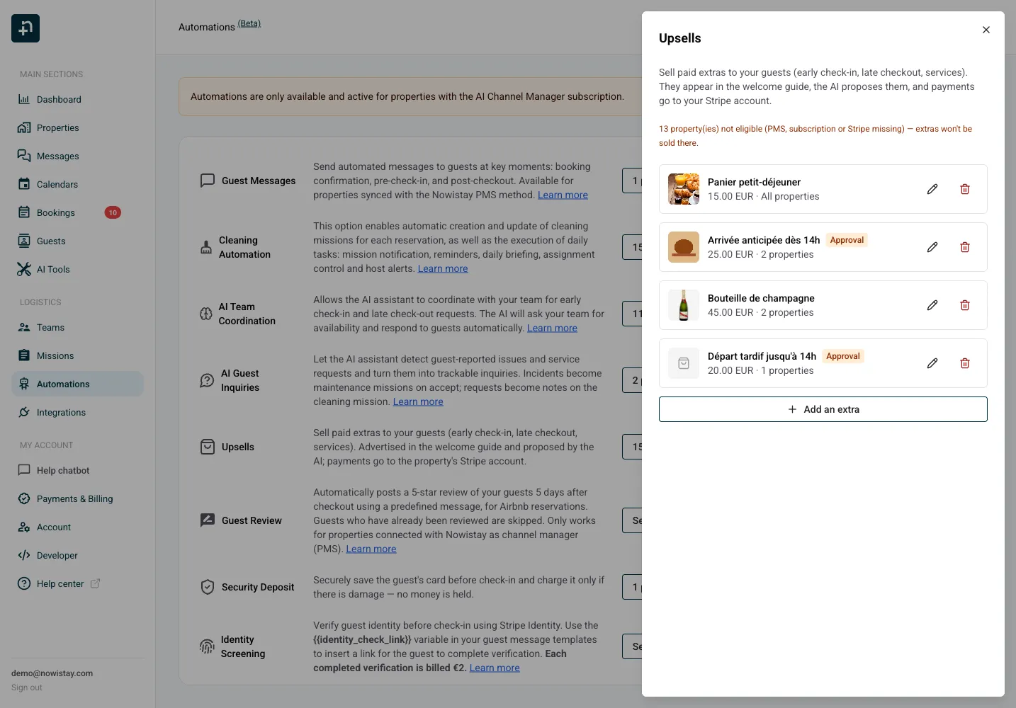 Il catalogo Upsell con gli extra: cestino per la colazione, check-in anticipato, una bottiglia di champagne e check-out posticipato