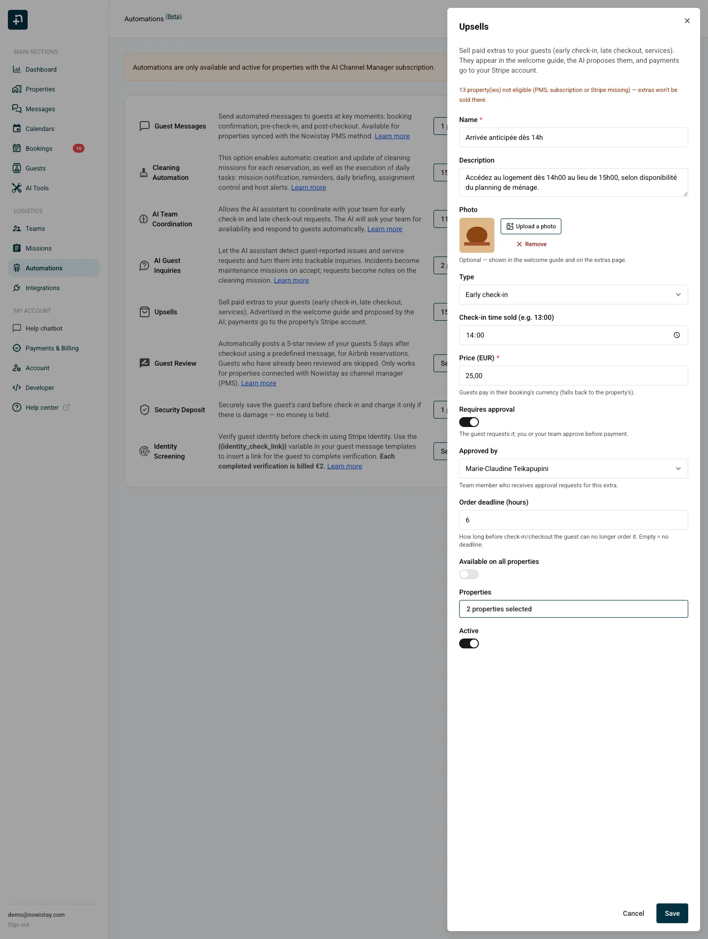 L'editor degli extra con tutte le impostazioni: nome, descrizione, foto, tipo, prezzo, approvazione, termine e alloggi