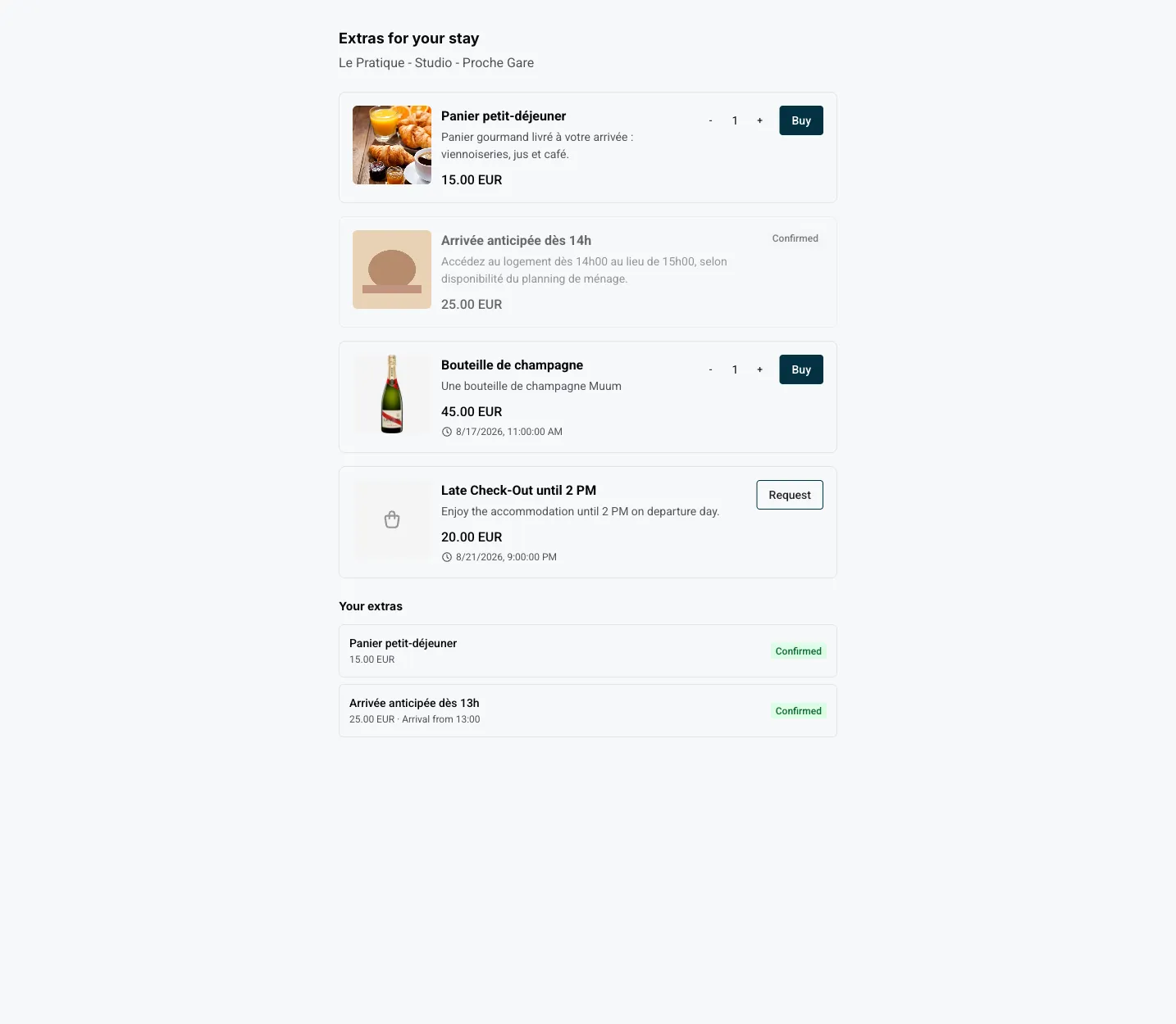 La pagina degli extra dell'ospite con il catalogo e lo storico degli acquisti