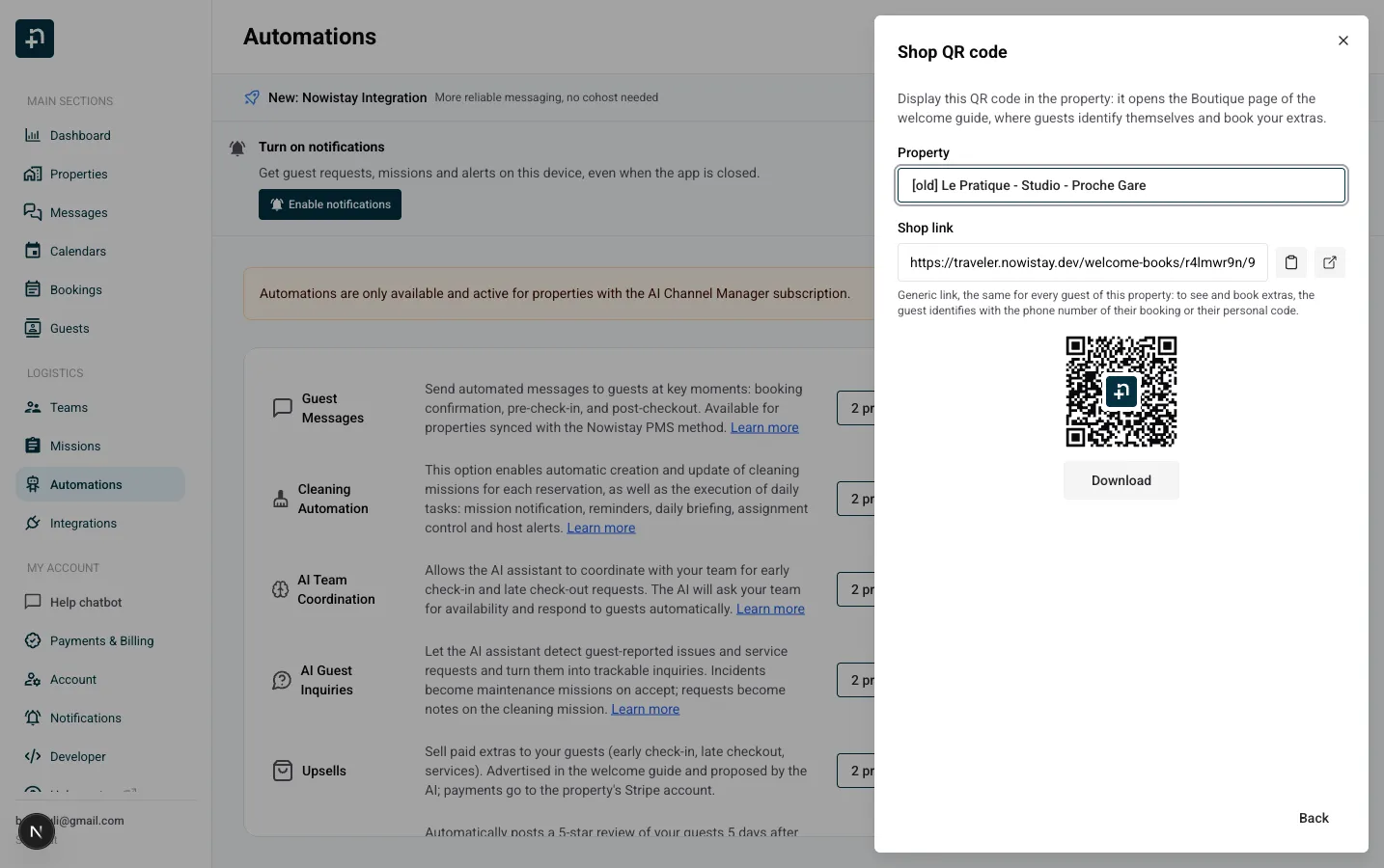La vista del codice QR del negozio: selettore dell'alloggio, link del negozio con i pulsanti di copia e apertura e il codice QR con il pulsante Scarica