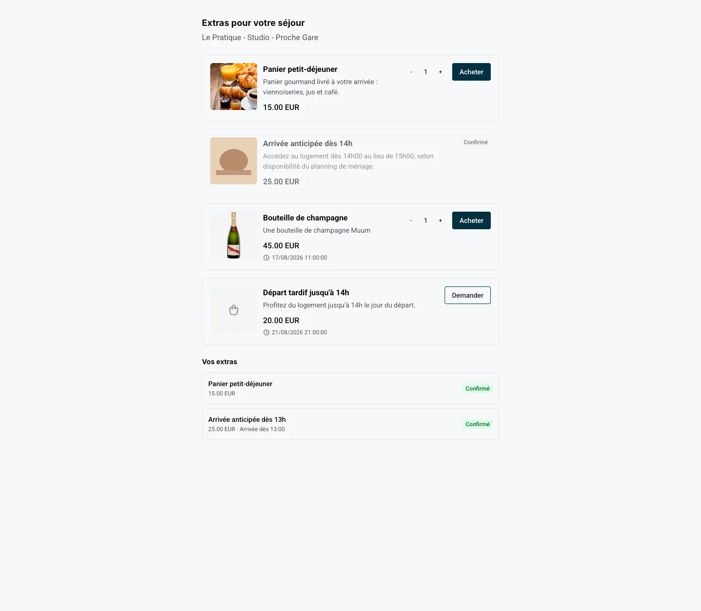 La page extras du voyageur avec le catalogue et l'historique des achats