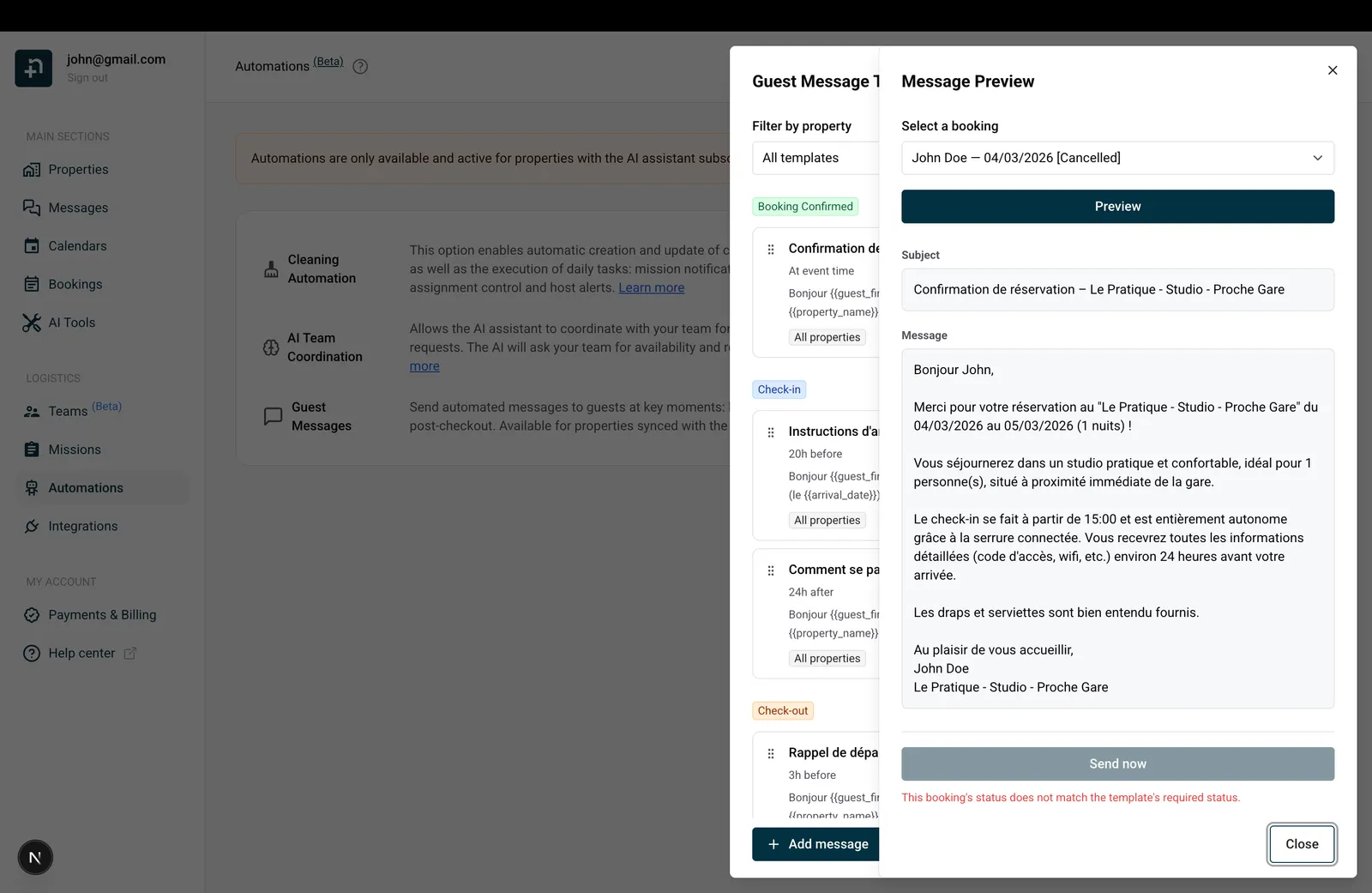 Dialoogvenster Berichtvoorbeeld met een voorbeeld van een echte boeking, de ingevulde onderwerpregel, de volledige berichtinhoud en de knop Nu verzenden
