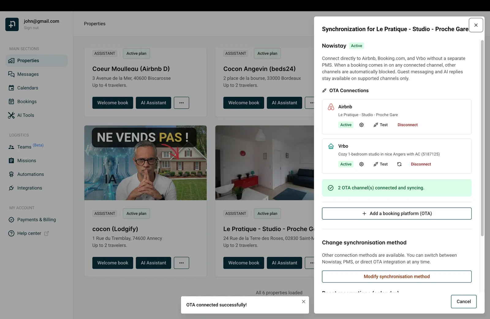 Seitenleiste Synchronisierung mit verbundenem Vrbo im Status Aktiv und Erfolgsmeldung