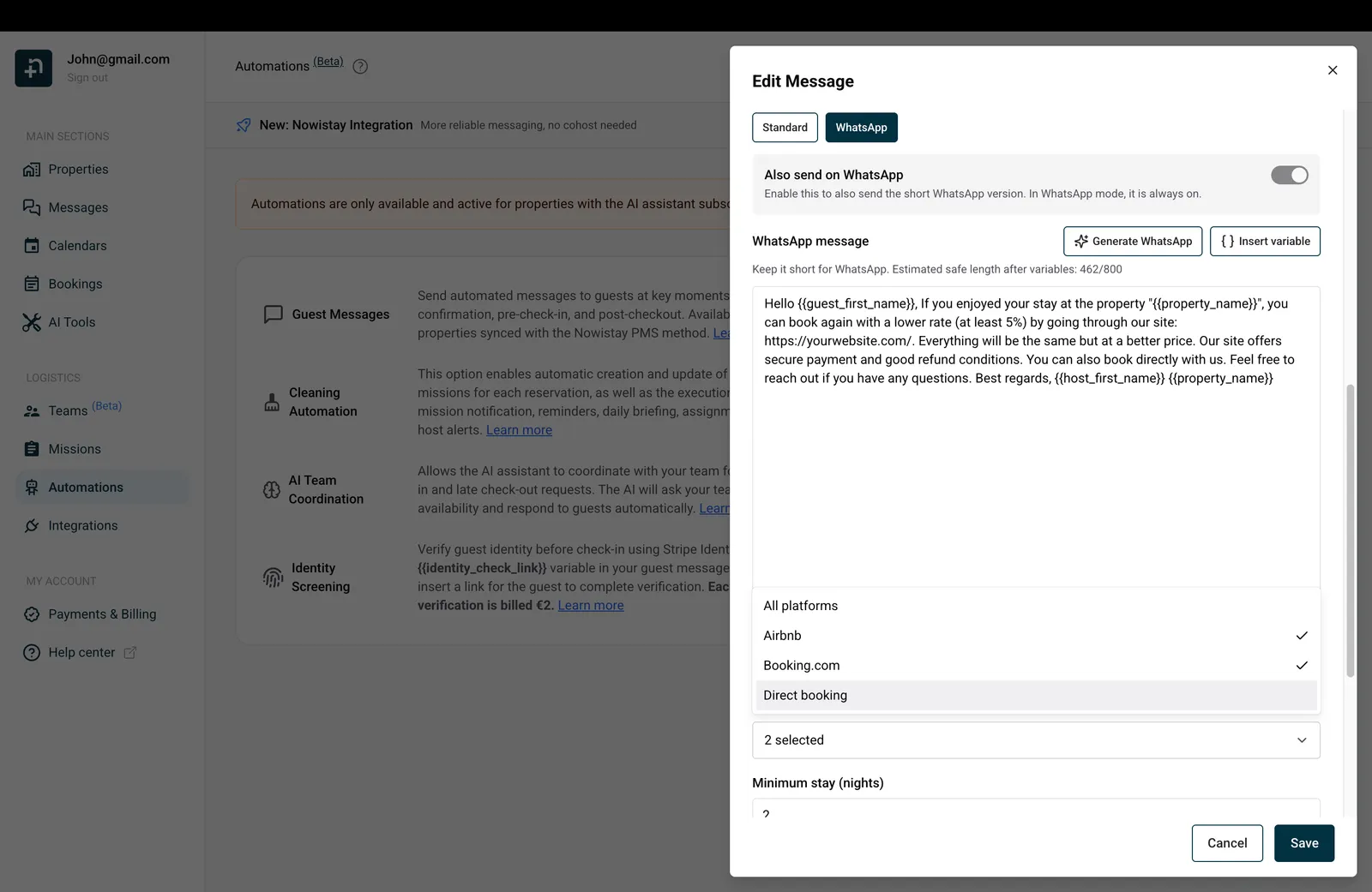 WhatsApp message tab with AI-generated short message and platform filter options