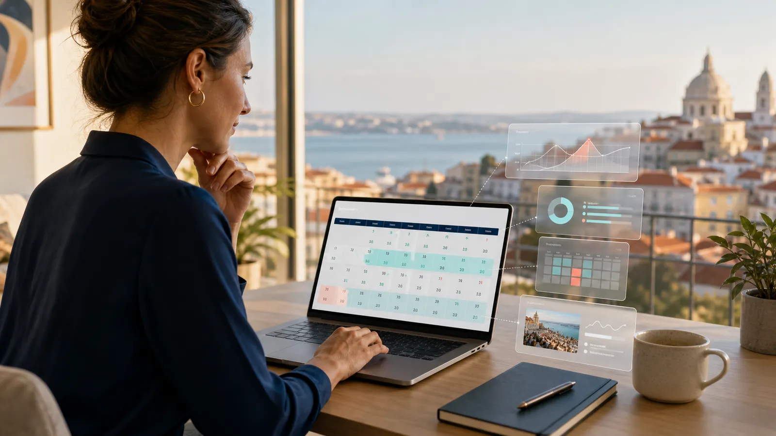 AI dynamic pricing analysis for a vacation rental calendar overlooking a coastal city