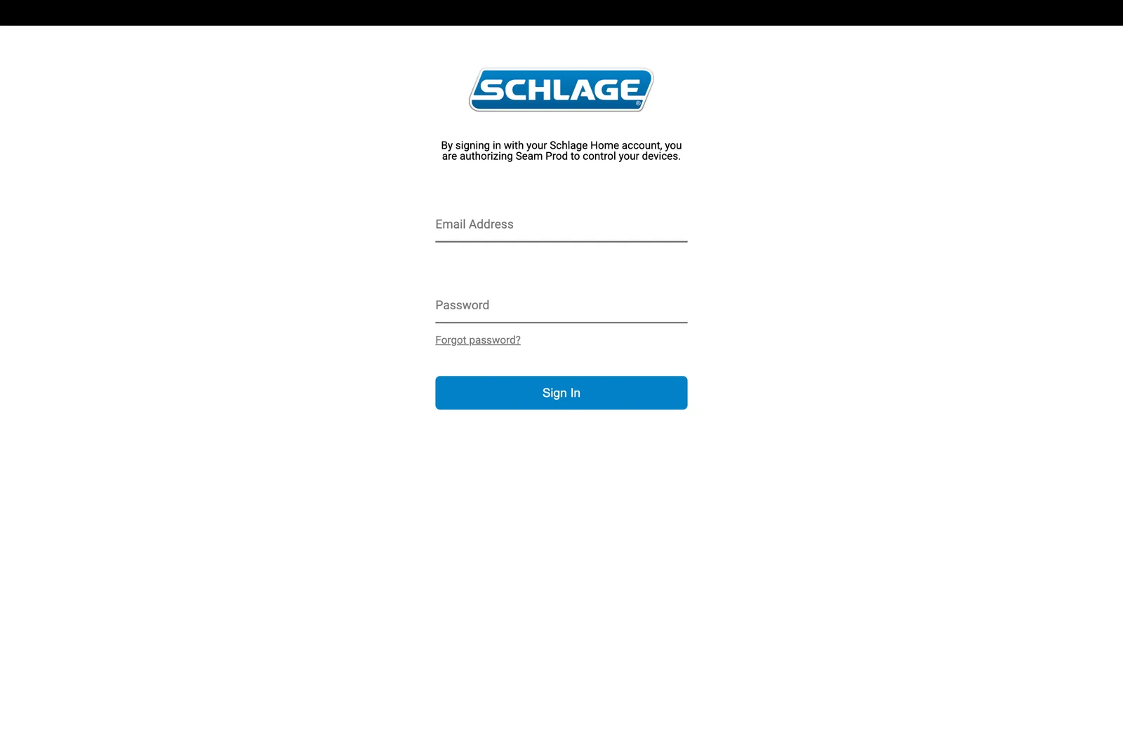 Écran de connexion Schlage Home avec les champs email et mot de passe