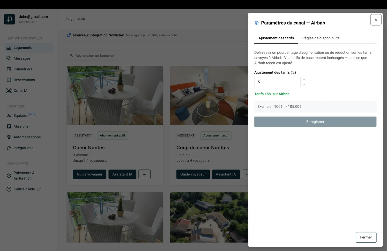 Paramètres du canal Airbnb avec ajustement tarifaire